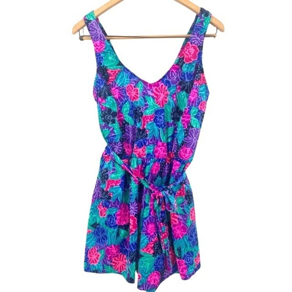 NWT Vintage 80s Swim Dress 20W Neon Retro Floral Belted One Piece Swimsuit USA